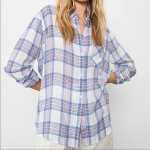 Rails Charli Linen Blend Button Down Shirt Plaid White Pink Aqua Metallic Size L